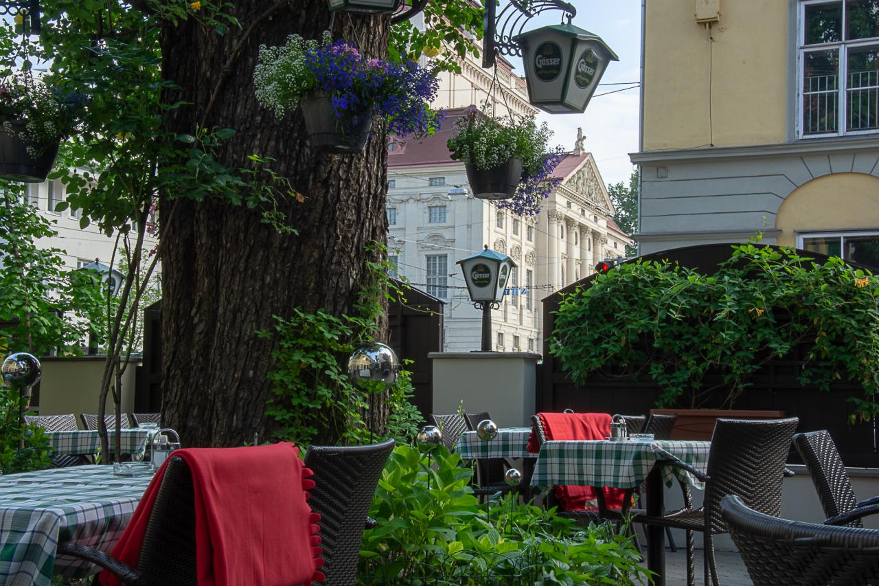 Gastgarten unter alten Bäumen beim Restaurant Brandhof